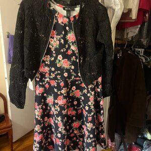 BCX Girl flower dress black with matching cardigan Girls size 16
